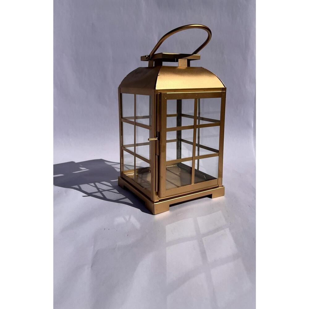 Gold Grid Lantern | Modern Brass Finish Candle Holder, 15x6 Inches